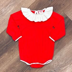 Cat & Jack Red Cream Christmas Collar Long Sleeve Holiday Onesie One Piece 12m